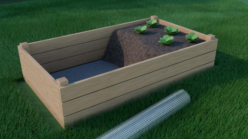 Houten verhoogde bak bekleed met roestvrijstalen gaas en half gevuld met aarde, met een rol gaas ernaast